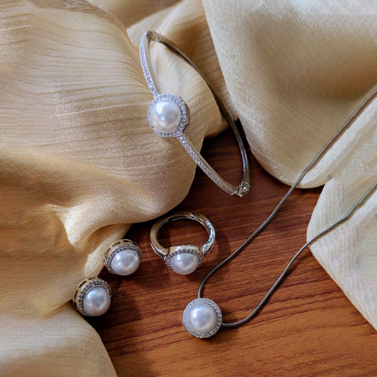 Silver Pearl Necklace Set With Bracelet