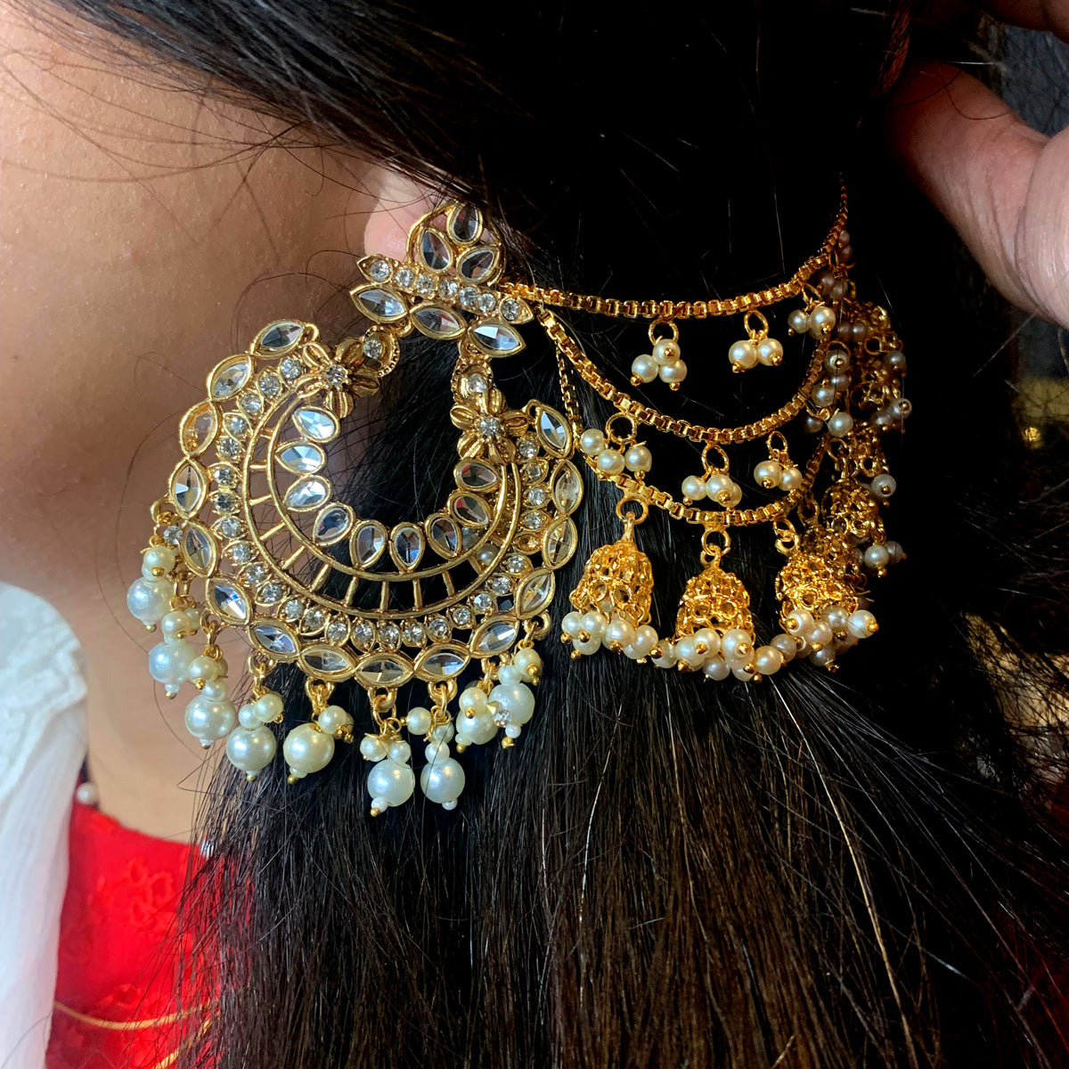 Indian Kundan Chand Bali Earrings With Jhumki Saharay and Teeka