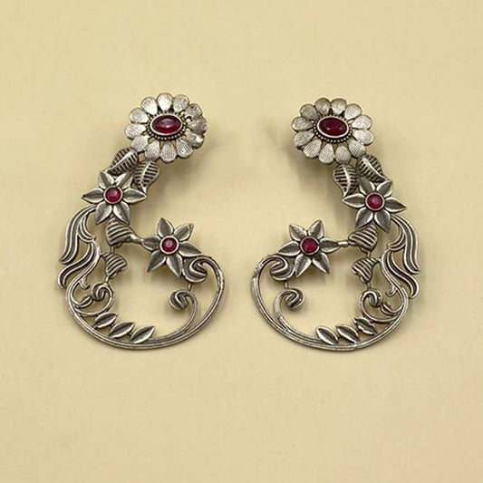 Red Decorated Floral Oxidised Earrings