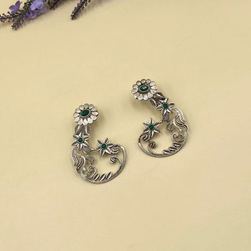 Green Decorated Floral Oxidised Earrings