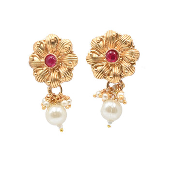 Golden Floral Pearl Drop Earrings