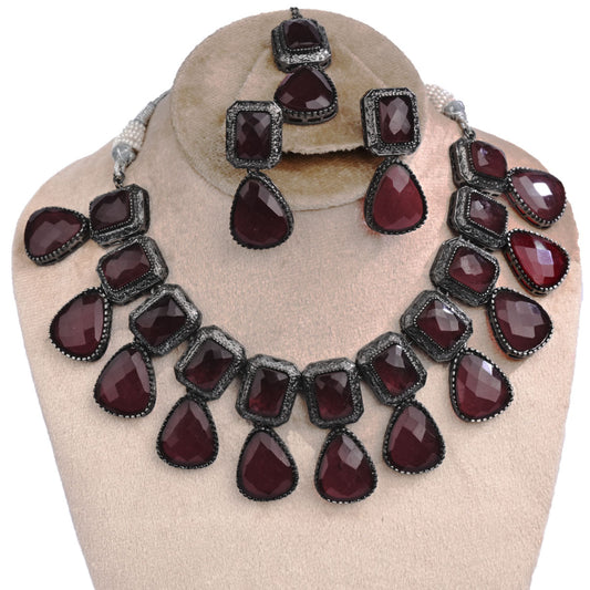 Red Gemstone German Silver Oxidised Necklace