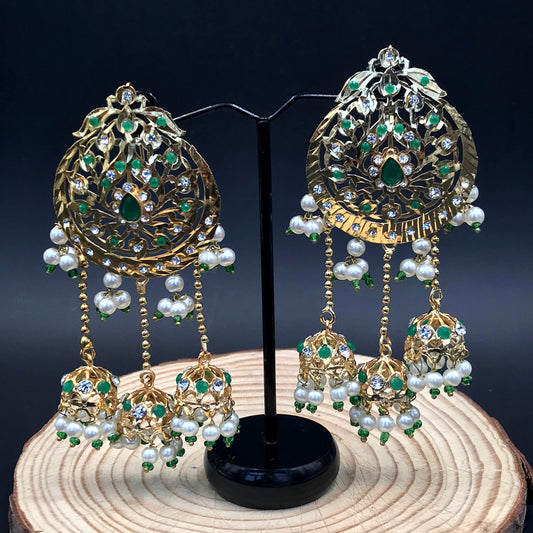 Green Drop Jhumki Earrings With Pearls