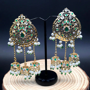 Green Drop Jhumki Earrings With Pearls