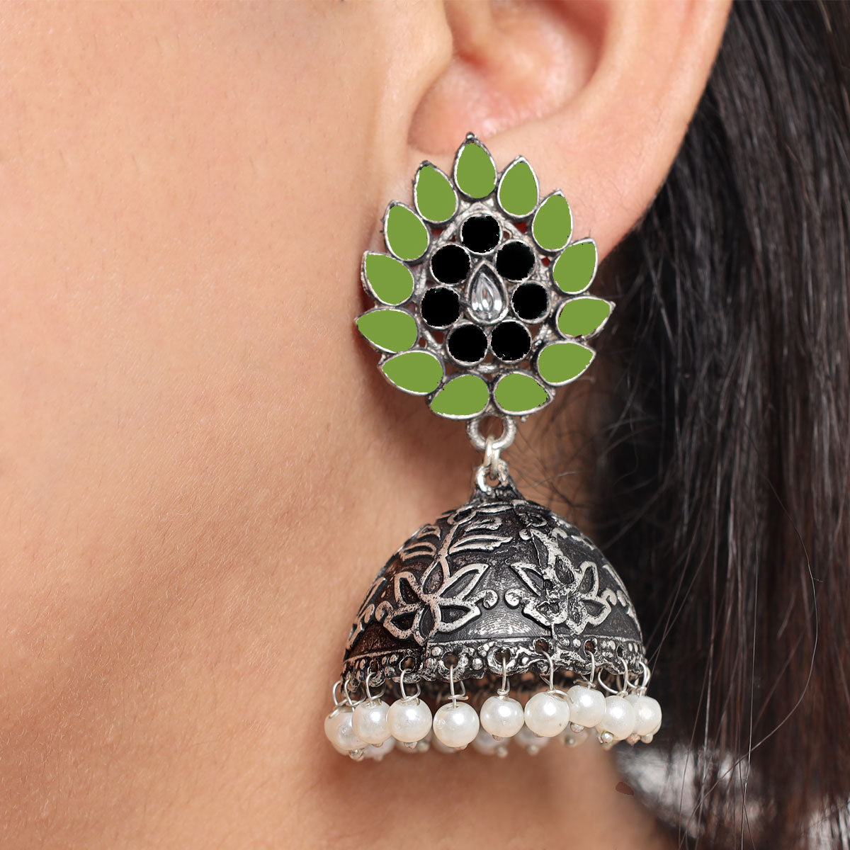 Traditional Oxidised Jhumka Earrings With Pearls