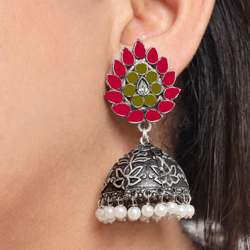 Traditional Oxidised Jhumka Earrings With Pearls