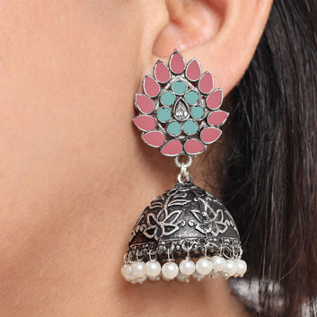 Traditional Oxidised Jhumka Earrings With Pearls