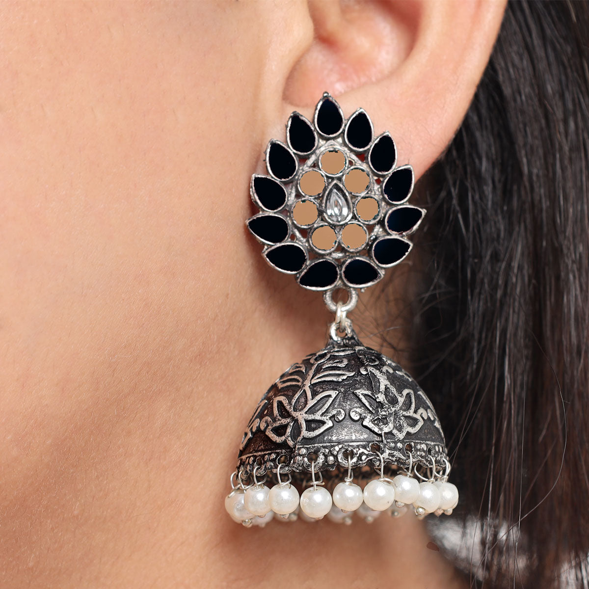 Traditional Oxidised Jhumka Earrings With Pearls