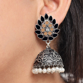 Traditional Oxidised Jhumka Earrings With Pearls