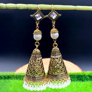 Golden Oxidised Earrings With Decorated Pearls