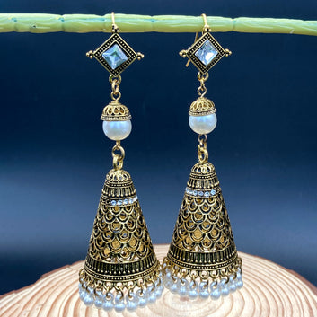 Golden Oxidised Earrings With Decorated Pearls