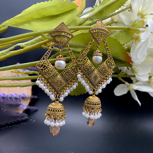 Golden Oxidised Earrings With Decorated Pearls
