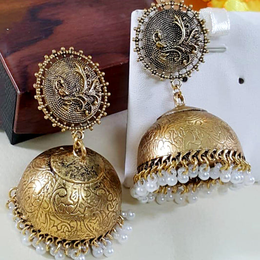 Oversized Pearl Drop Golden Jhumka Earrings