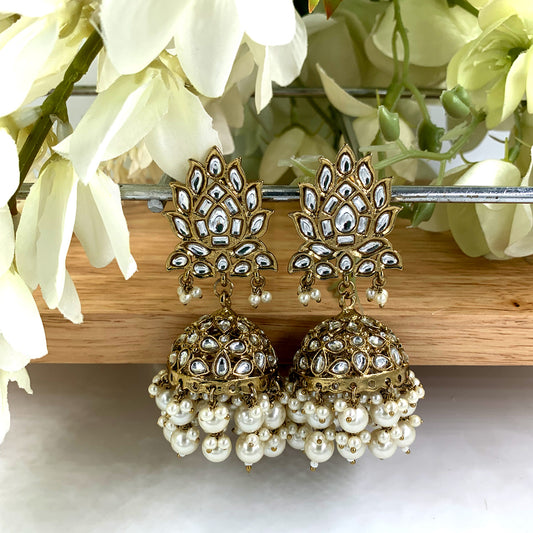 Indian White Kundan Lotus Jhumka Earrings