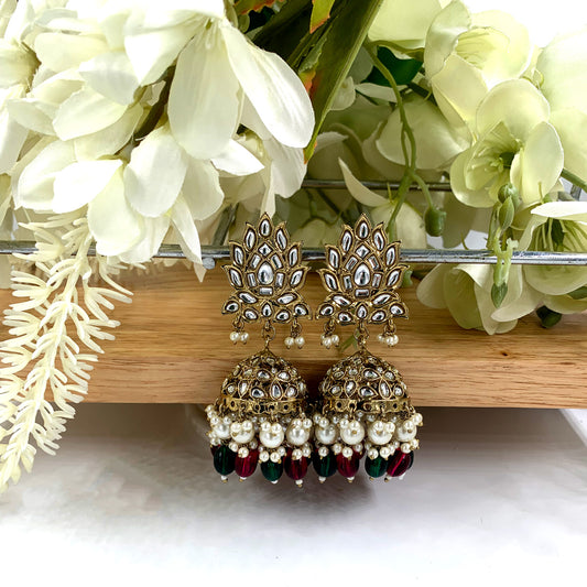 Indian Multi Color Kundan Lotus Jhumka Earrings