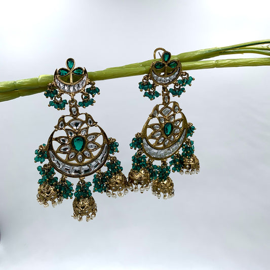 Furshi Green Kundan Chaand Bali Earrings
