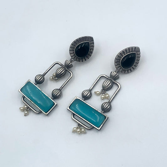 Pakhi Black & Aqua Premium Oxidised Danglers Earrings