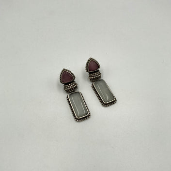 Ankolika Monalisa Stone Powder Pink & Silver Premium Oxidised Earrings