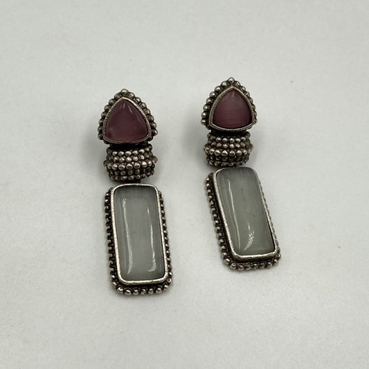 Ankolika Monalisa Stone Powder Pink & Silver Premium Oxidised Earrings