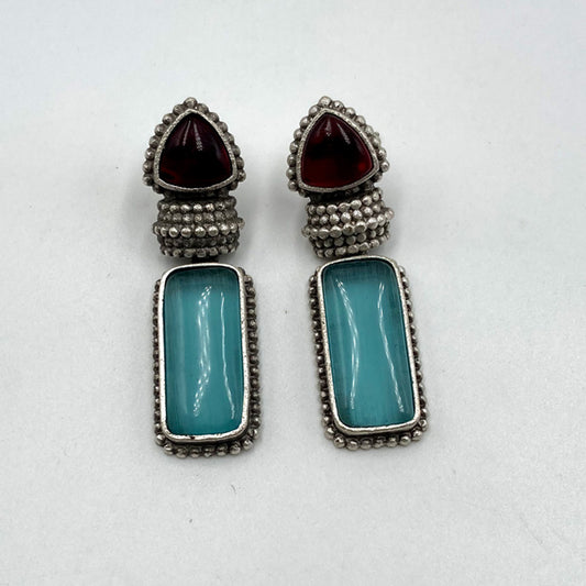 Ankolika Monalisa Stone Red & Aqua Premium Oxidised Earrings