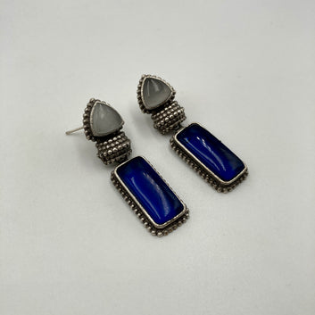 Ankolika Monalisa Stone Silver & Blue Premium Oxidised Earrings