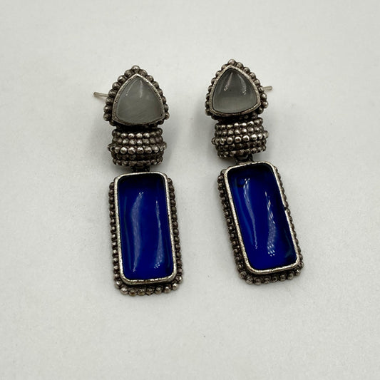 Ankolika Monalisa Stone Silver & Blue Premium Oxidised Earrings