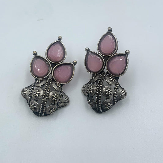 Teejh Monalisa Stone Powder Pink Premium Oxidised Stud Earrings
