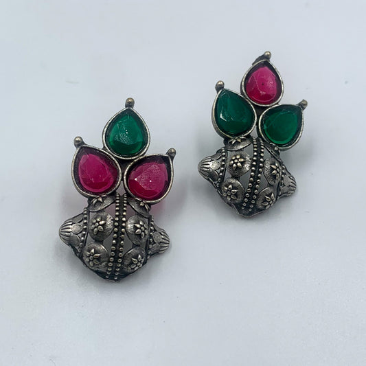 Teejh Monalisa Stone Green & Pink Premium Oxidised Stud Earrings