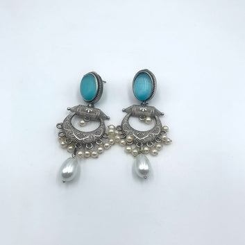 Charvi Monalisa Stone Aqua Premium Oxidised Earrings