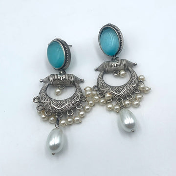 Charvi Monalisa Stone Aqua Premium Oxidised Earrings