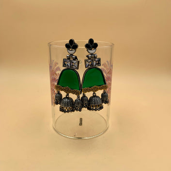 Madhu Green Premium Oxidised Drop Jhumka Earrings With Ghungroo