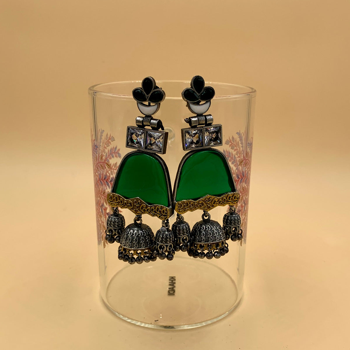 Madhu Green Premium Oxidised Drop Jhumka Earrings With Ghungroo