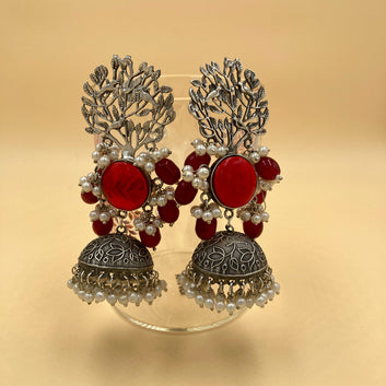 Meera Red Premium Oxidised Jhaar Jhumka Earrings