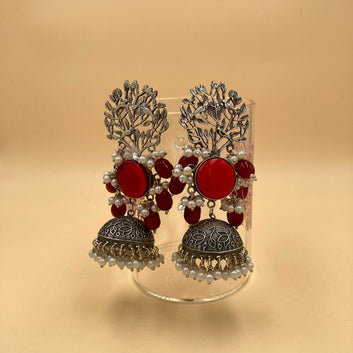 Meera Red Premium Oxidised Jhaar Jhumka Earrings