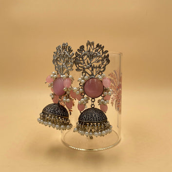 Meera Powder Pink Premium Oxidised Jhaar Jhumka Earrings