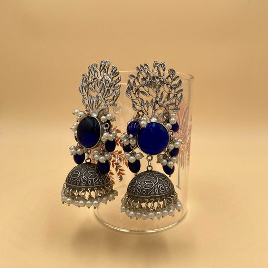 Meera Blue Premium Oxidised Jhaar Jhumka Earrings