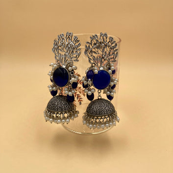 Meera Blue Premium Oxidised Jhaar Jhumka Earrings