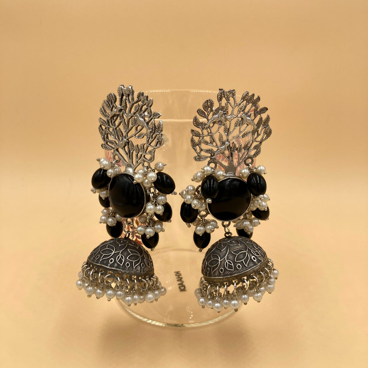 Meera Black Premium Oxidised Jhaar Jhumka Earrings