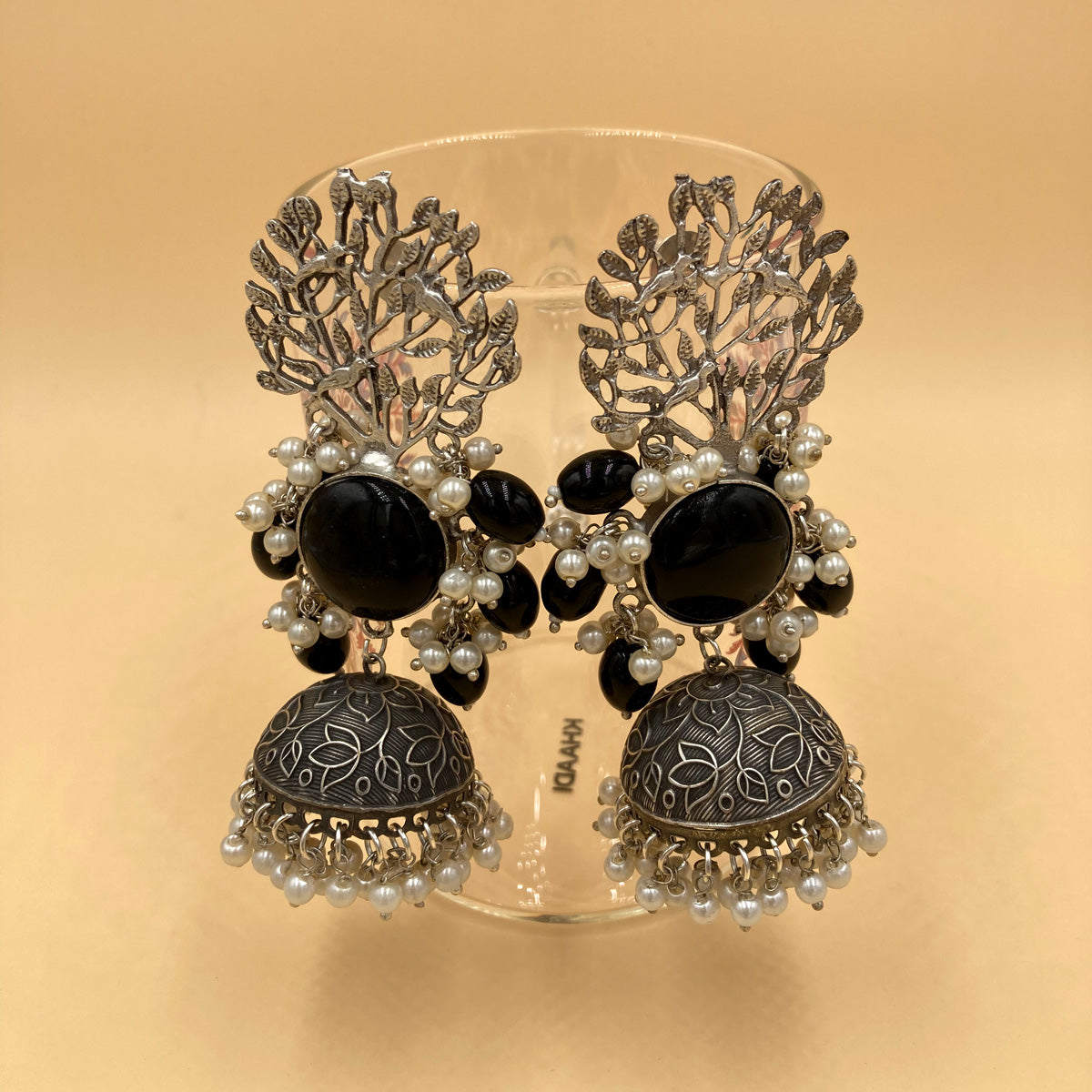 Meera Black Premium Oxidised Jhaar Jhumka Earrings