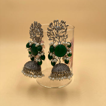 Meera Green Premium Oxidised Jhumka Earrings