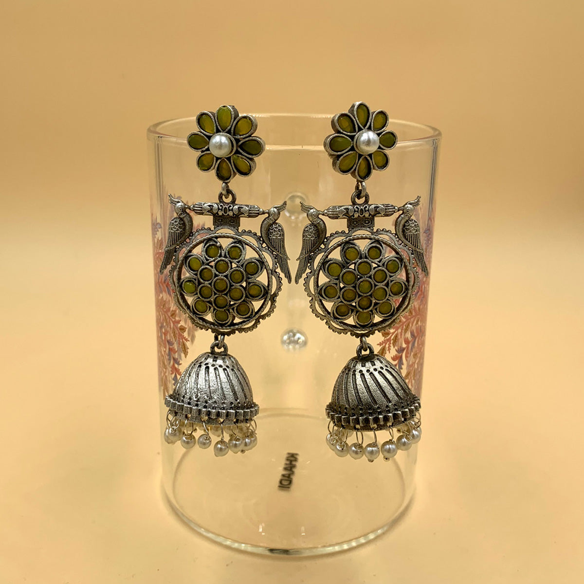 Anaya Yellow German Silver Premium Oxidised Jhumka Earrings