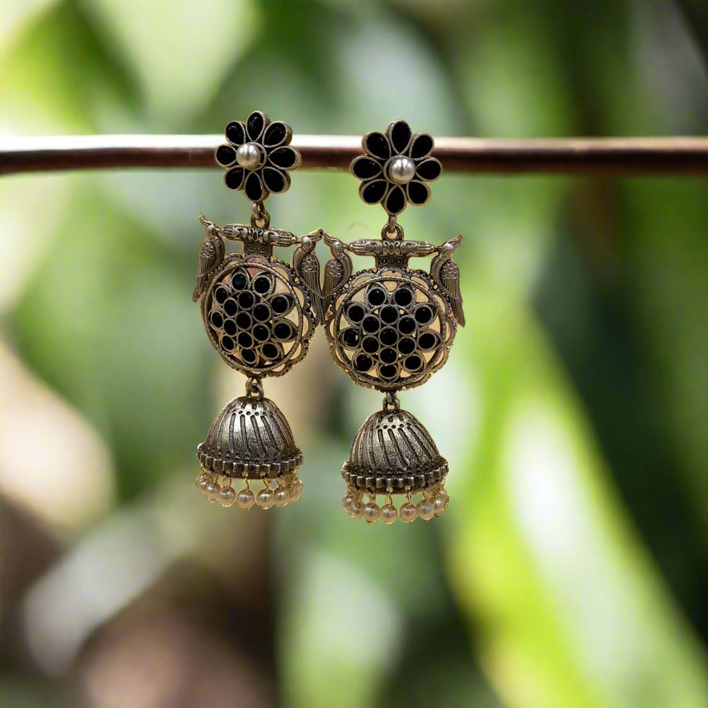 Anaya Black German Silver Premium Oxidised Jhumka Earrings