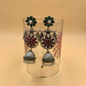 Anaya Contrast German Silver Premium Oxidised Jhumka Earrings