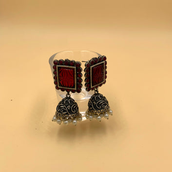 Chakor Red Premium Oxidised Jhumki Earrings