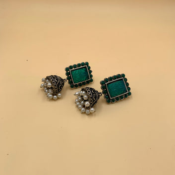Chakor Sea Green Premium Oxidised Jhumki Earrings