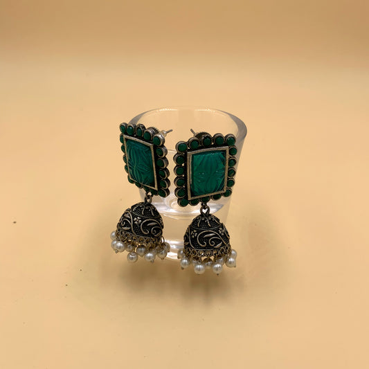 Chakor Sea Green Premium Oxidised Jhumki Earrings