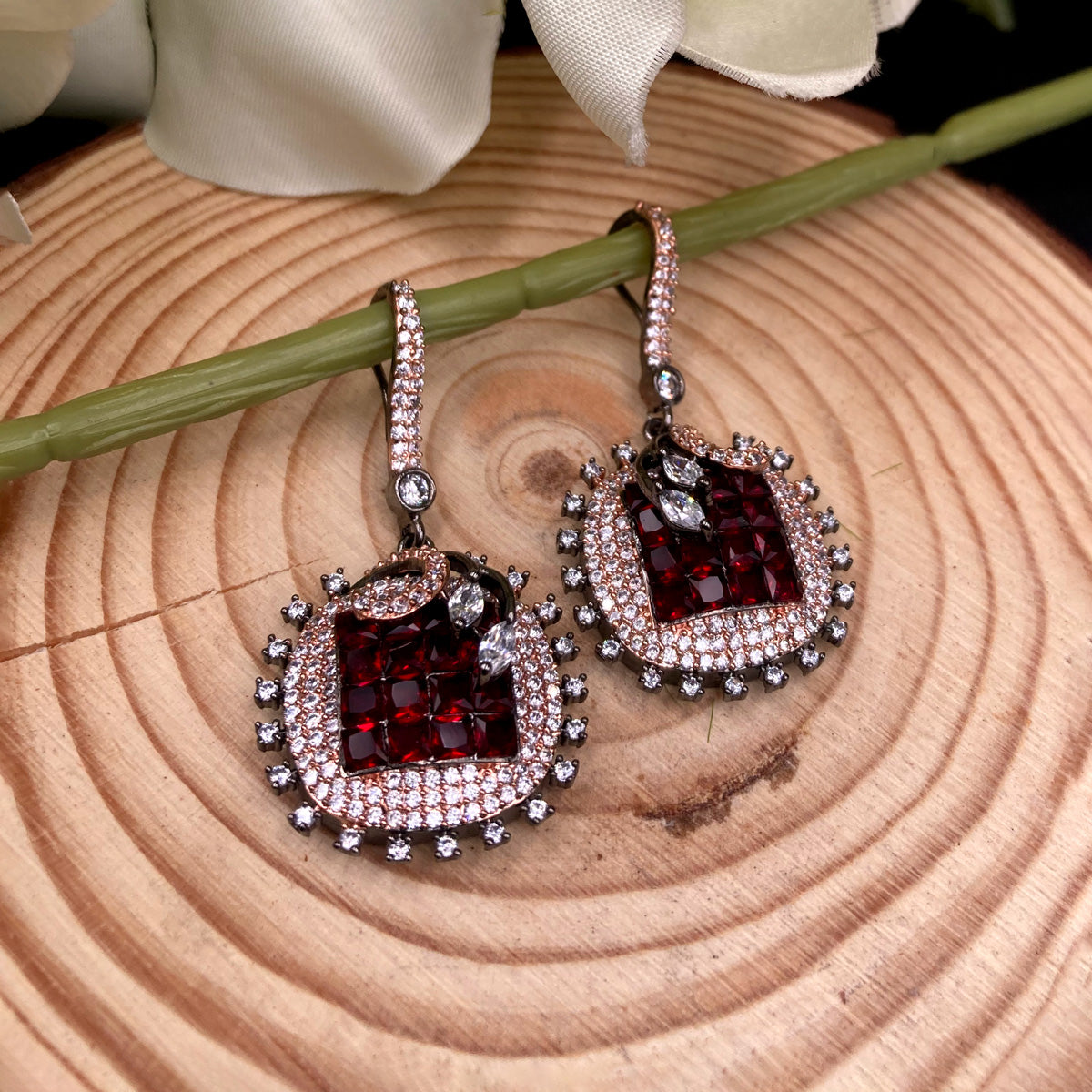 Square Red Zircon Earrings