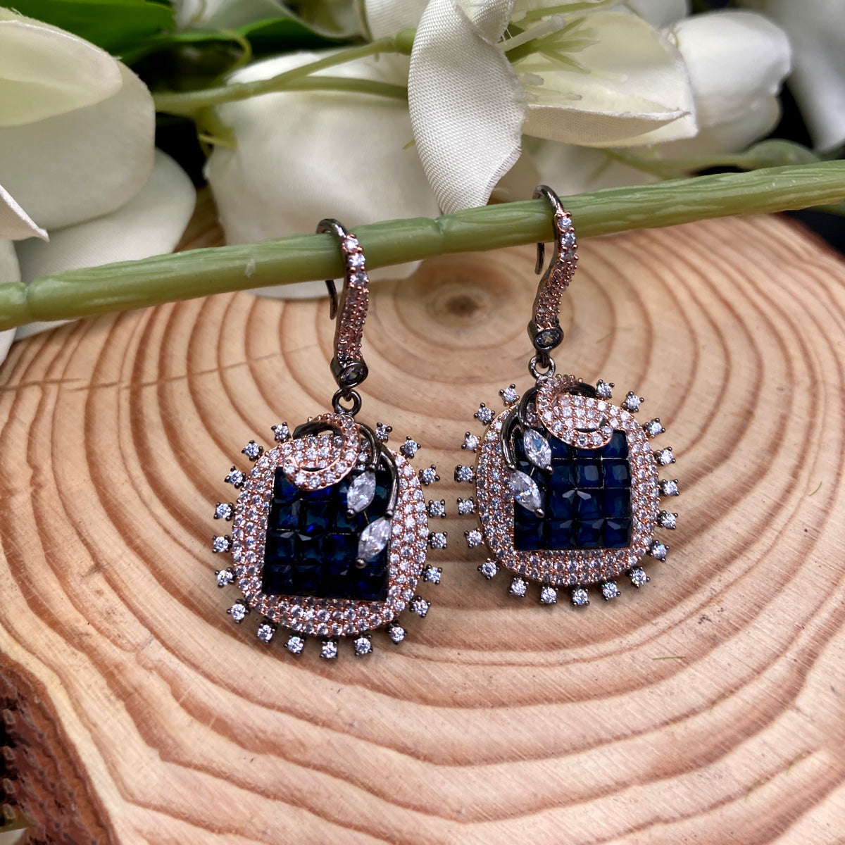 Square Dark Blue Zircon Earrings