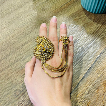 Indian Rajwadi Kundan Chain Adjustable Double Ring