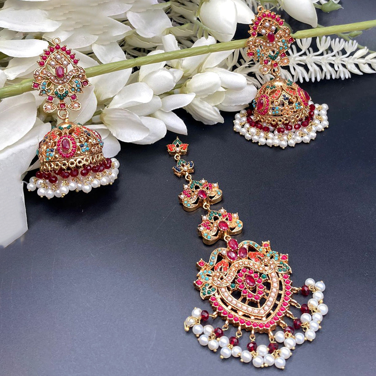 Multi Color Decorated Stones Nauratan Bindiya Earrings